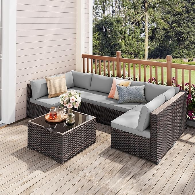 7 Pieces Patio Furniture Set, Outdoor Sectional Rattan Sofa Set, Wicker Patio Conversation Set with Cushions and Glass Coffee Table, for Balcony, Porch, Garden, Grey