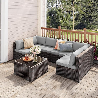 7 Pieces Patio Furniture Set, Outdoor Sectional Rattan Sofa Set, Wicker Patio Conversation Set with Cushions and Glass Coffee Table, for Balcony, Porch, Garden, Grey