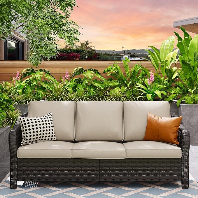78" Wicker 3-seat Sofa, Outdoor Conversation Furniture, All-Weather Rattan Couch, Steel Frame Couch with Cushions for Garden, Poolside, Porch (Beige)