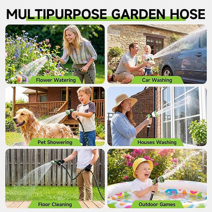 Garden Hose 50 ft Flexible Water Hose Non-Expanding Lightweight Kink-Free Hoses Durable Leak-Proof High Pressure Pipe with 3/4” Brass Fitting 10 Function Nozzle for Outdoor Yard Lawn Car Wash
