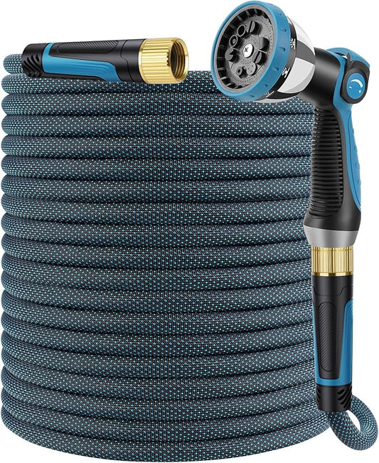 Non-Expandable Garden Hose 100 FT, Lightweight Hose with 10 Function Spray Nozzle, Kink-Free Flexible Water Hose, Durable, Leak-Proof, 360° Swivel Connectors, Portable Storage Strap