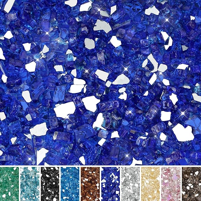 Skyflame 15LB Fire Glass for Propane Fire Pit, 1/2 Inch Cobalt Blue Reflective Glass Rocks, Fireplace Fire Table Decorative