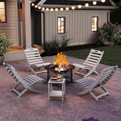GREENVINES 3 Pieces Patio Furniture Set | Outdoor Bistro Sets for 2 | HDPE Plastic | Folding-Adirondack-Chairs-with-Side-Table | All Weather | Xavier Chair | for Porch Deck Poolside Backyard | White