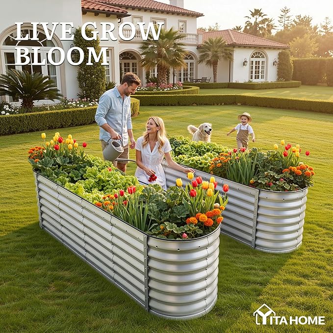 YITAHOME 8x2x2ft Large Raised Garden Bed Kit, 24" Tall 9 in 1 Galvanized Metal Planter Box with Gloves and Safety Rubber, Outdoor Above Ground Planters for Plants Vegetables Flowers, Silver