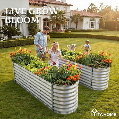 YITAHOME 8x2x2ft Large Raised Garden Bed Kit, 24" Tall 9 in 1 Galvanized Metal Planter Box with Gloves and Safety Rubber, Outdoor Above Ground Planters for Plants Vegetables Flowers, Silver