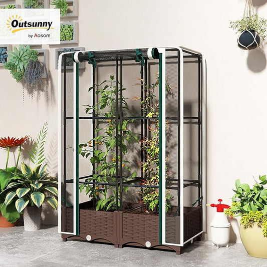 Outsunny Raised Garden Bed with Trellis, 46.5" Tomato Cage with Crop Cage, Self Watering Planter Box with Drainage Holes and Plugs for Outdoor Patio Climbing Plants, Vines, Vegetables, Flowers, White