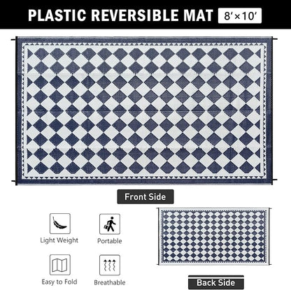 HUGEAR Outdoor Waterproof Rug 8'x10' Plastic Straw Rugs Washable Reversible Floor Mat Blue Plaid Carpet for Camping RV Deck Entryance Porch Picnic Balcony Beach Backyard