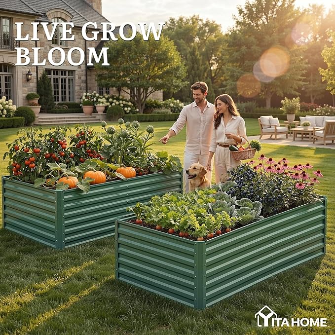 YITAHOME 6x3x2ft 2pcs Large Raised Garden Bed Kit, Galvanized Metal Planter Box with Gloves, Ground Nails, Support Rod, Outdoor Above Ground Planters for Plants Vegetables Flowers, Green