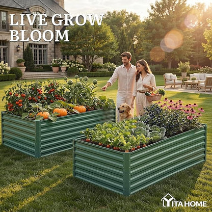 YITAHOME 6x3x2ft 2pcs Large Raised Garden Bed Kit, Galvanized Metal Planter Box with Gloves, Ground Nails, Support Rod, Outdoor Above Ground Planters for Plants Vegetables Flowers, Green
