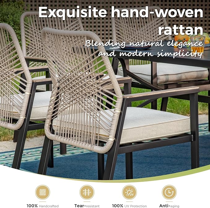 Patio Wicker Chair Sets of 4, Outdoor Dining Chairs with 3.1 inch Seat Cushions, Sturdy Metal Frame & Wood Grain Armrest, Patio Dining Chairs for Porch Backyard, Beige
