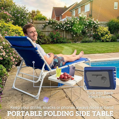 Outsunny Tanning Chair Set of 2 with Face Hole, Side Table, 5-Position Reclining Folding Chaise Lounge Chair Outdoor Lounger Recliner, Carry Straps for Beach Pool Camp, Breathable Mesh, Navy Blue
