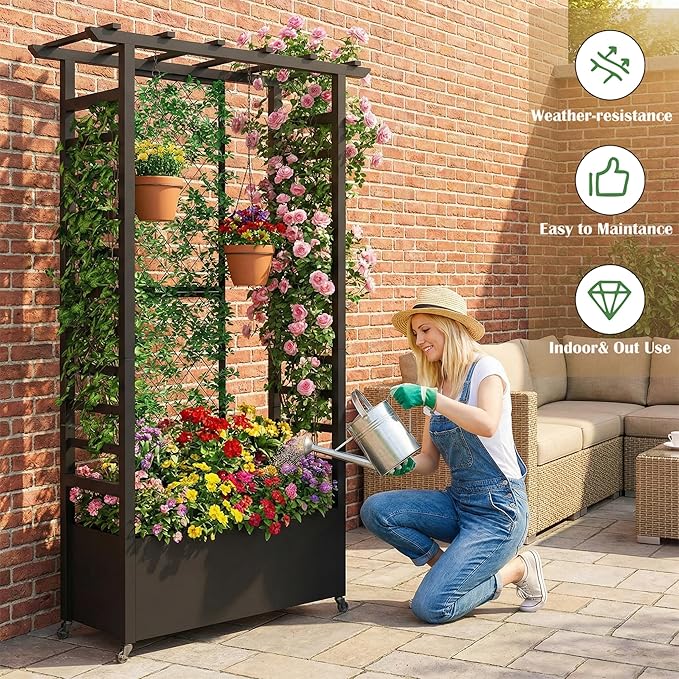 74" Mobile Planter with Trellis,Weatherproof Vertical Raise Garden Bed with Trellis & Hanging Roof for Climbing Plants,Flowers,Vegetables,Rust-Proof Metal Privacy Planter for Patio (Black-A)