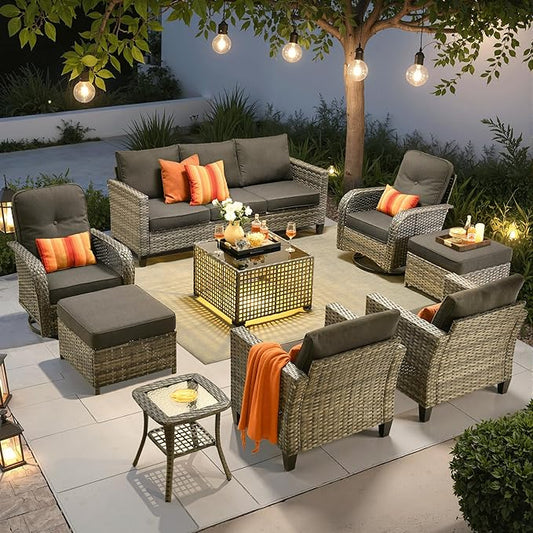 ovios 9 Pieces Patio Furniture Set, Outdoor Wicker Sofa Couch with Rocking Swivel Chairs Solar Lights Table, Modern Deep Seat Rattan Conversation Sets for Porch Deck, Black