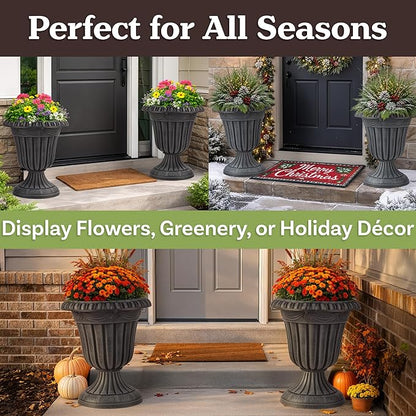 Outdoor Planter 2-Pack - 16x18-Inch Urn Planters for Front Porch Decor, Indoors, Patio or Entryway - Plastic Plant Pots - Large Decorative Flower Pots by Pure Garden (Stone Gray)