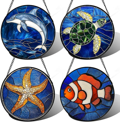 Stained Glass Window Hanging 4 Pcs Set Blue Ocean Turtle Dolphin Large 11.8" - Marine Life Suncatcher Garden Sun Catcher Decor Birthday Mother's Day for Mom Woman Nana Men