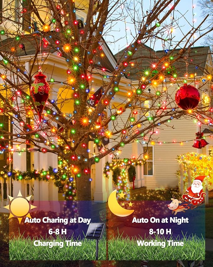 6 Pack Solar Christmas Lights Outdoor, 600 LED 198 FT Solar Powered String Lights Waterproof with Green Wire 8 Lighting Modes, Twikle Light for Xmas Tree Fence Party Yard Garden Decor, Multicolored