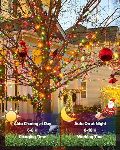 6 Pack Solar Christmas Lights Outdoor, 600 LED 198 FT Solar Powered String Lights Waterproof with Green Wire 8 Lighting Modes, Twikle Light for Xmas Tree Fence Party Yard Garden Decor, Multicolored