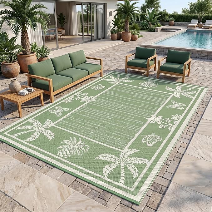 Garvee Outdoor Rug 9x12 Waterproof for Patios, Reversible Plastic Straw Rug, Tropical Leaf Indoor Outdoor Rugs, Large Area Rug for RV, Camping, Deck, Picnic Mat, Outside Carpet