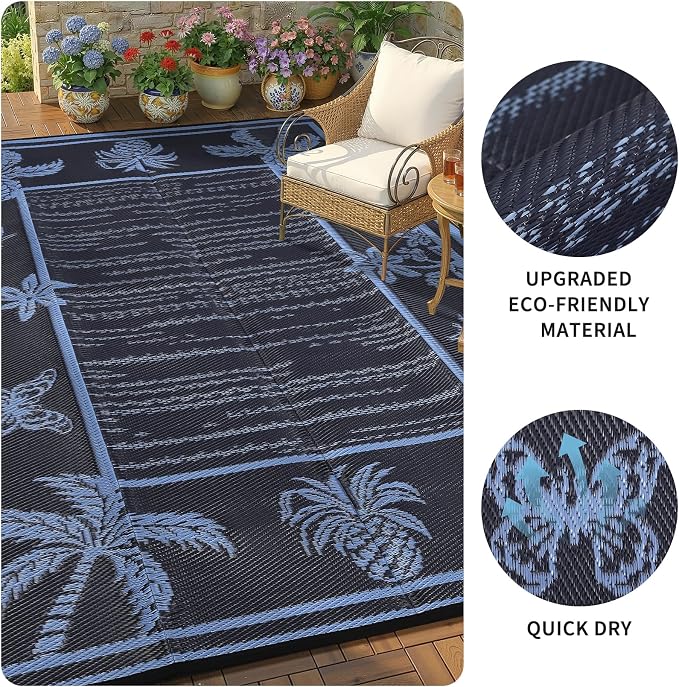 Garvee Outdoor Rug 9x12 Waterproof for Patios, Reversible Plastic Straw Rug, Tropical Leaf Indoor Outdoor Rugs, Large Area Rug for RV, Camping, Deck, Picnic Mat, Outside Carpet