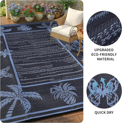 Garvee Outdoor Rug 9x12 Waterproof for Patios, Reversible Plastic Straw Rug, Tropical Leaf Indoor Outdoor Rugs, Large Area Rug for RV, Camping, Deck, Picnic Mat, Outside Carpet
