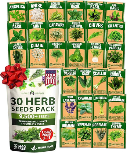 HOME GROWN 30 Herb Seeds for Planting 9,500+ Non-GMO Heirloom Seeds | Extra Large Variety Pack Herb Kit – Indoor Outdoor & Hydroponic | Culinary Seed Set | Grow Your Own Herbs | Gardening Gift