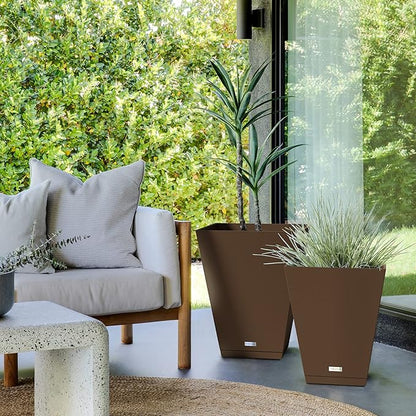Veradek Nobleton Indoor/Outdoor Wide Square Planter (Espresso, 18" - 2 Pack with 2 Saucer Trays)