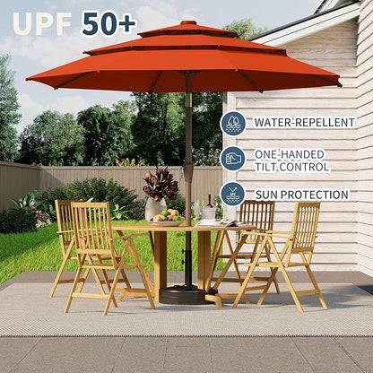 9FT 3 Tiers Patio Umbrella With Auto Tilt And Crank, Outdoor Table Market Umbrella with 8 Sturdy Ribs for Garden, Lawn, Deck, Backyard and Pool