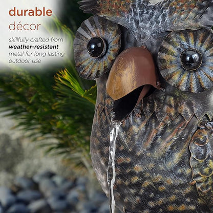 Alpine Corporation NCY294 23" Outdoor Floor Soothing Metal Water Fountain, Vintage Owl Garden Water Feature with Cascading Water for Patio & Backyard Décor, Brown