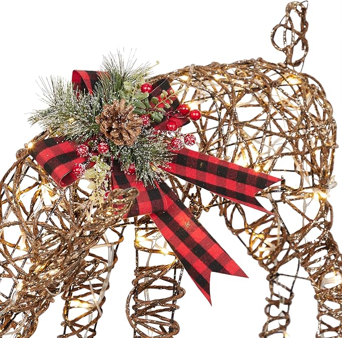 Alpine Corporation 27" Tall Rattan Grazing Reindeer with Bow and LED Lights, Indoor/Outdoor Christmas Lawn and Yard Decor, Festive Holiday Decoration