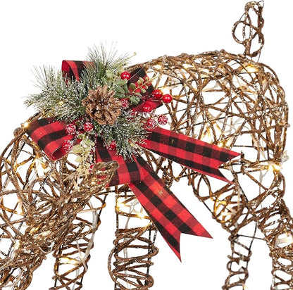 Alpine Corporation 27" Tall Rattan Grazing Reindeer with Bow and LED Lights, Indoor/Outdoor Christmas Lawn and Yard Decor, Festive Holiday Decoration