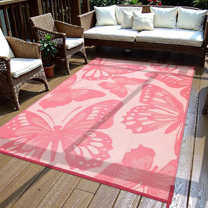Anidaroel Pink Butterfly Outdoor Rug 6'X9' for Patios Waterproof Clearance, Reversible Plastic Straw Outside Rug, Outdoor RV Camping Rugs for Backyard, Beach, Camper, Pool Deck (Pink,6‘X9')