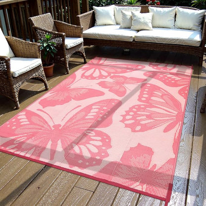 Anidaroel Pink Butterfly Outdoor Rug 6'X9' for Patios Waterproof Clearance, Reversible Plastic Straw Outside Rug, Outdoor RV Camping Rugs for Backyard, Beach, Camper, Pool Deck (Pink,6‘X9')
