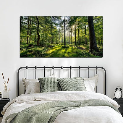 Tarfupth Large Forest Wall Art for Living Room Green Woodland Landscape with Sunlight Modern Nature Wall Decor for Bedroom Office Home Decor 24"x48"