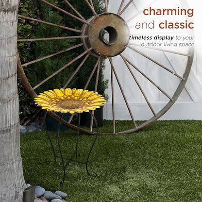 Alpine Corporation 19" H Outdoor Metal Birdbath w/Stylish Stand, Embossed Sunflower Birdbath Bowl and Stand Set, Yellow