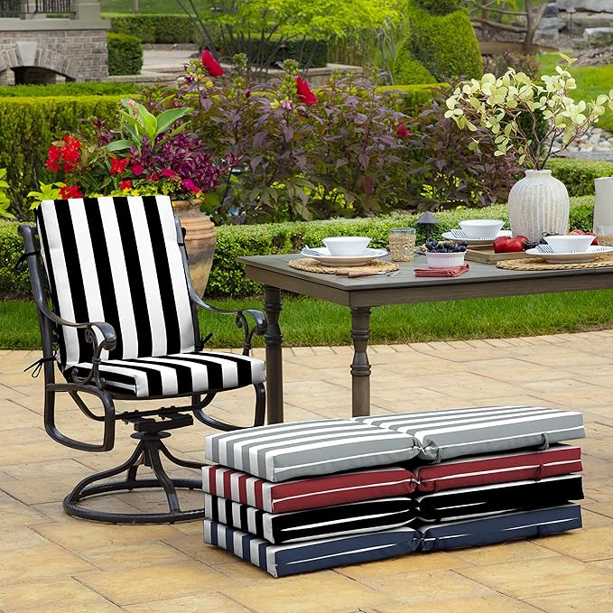 Arden 2-Pack Outdoor Patio Dining Chair Cushion, 20x44, Rain-Proof Seat Pad, Fade-Resistant Outdoor Cushion Black Cabana Stripe