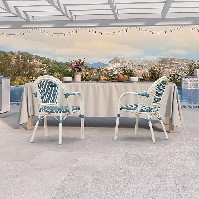 PURPLE LEAF French Bistro Chairs Set of 2 Hand-Woven Wicker Armchairs Outdoor Dining Chairs for Kitchen Porch Garden White Print Finish Light Blue