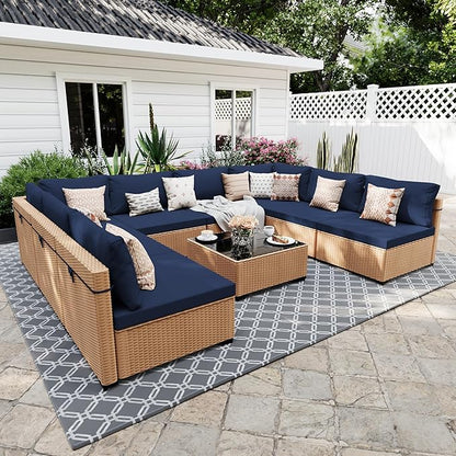 UPHA 9 Pieces Patio Furniture Sets Outdoor Sectional Sofa Wicker Conversation Couch for Decks, Backyards, Gardens, Yellow Rattan, Navyblue Cushion