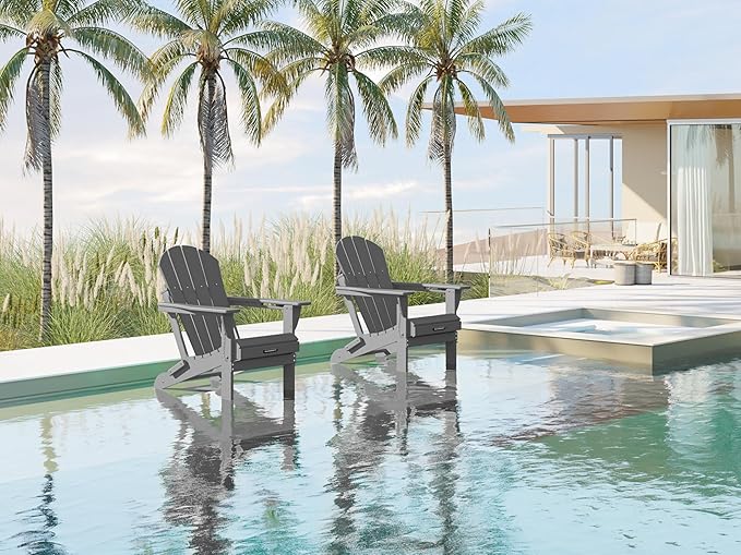 MUCHENGHY Folding Adirondack Chairs Set of 2 HDPE Weather Resistant, Patio Firepit Chairs, Sturdy Outside Chairs, Lawn Chairs, 15min Assembly 380lb Grey