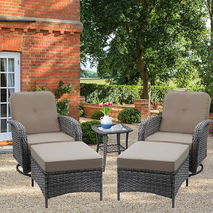 5 Piece Outdoor Patio Furniture Set,Wicker Patio Conversation Set with Swivel Glider Chairs,Wicker Rocking Swivel Chairs Set with Ottomans/Side Coffee Table for Backyard,Deck,Balcony,Khaki