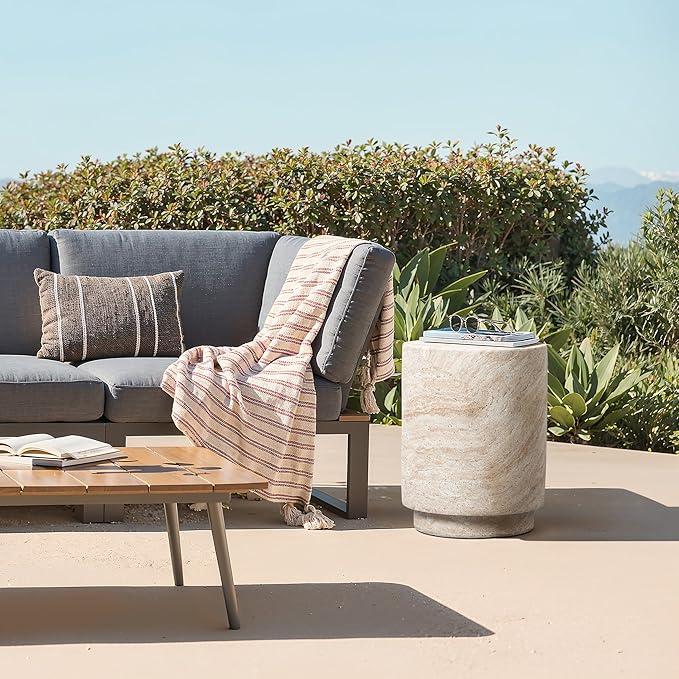 LuxenHome Outdoor Side Table, 18'' Travertine-Style Round Textured Cement Accent End Table, Outdoor Furniture for Patio Balcony Porch, Garden Stool for Backyard Lawn