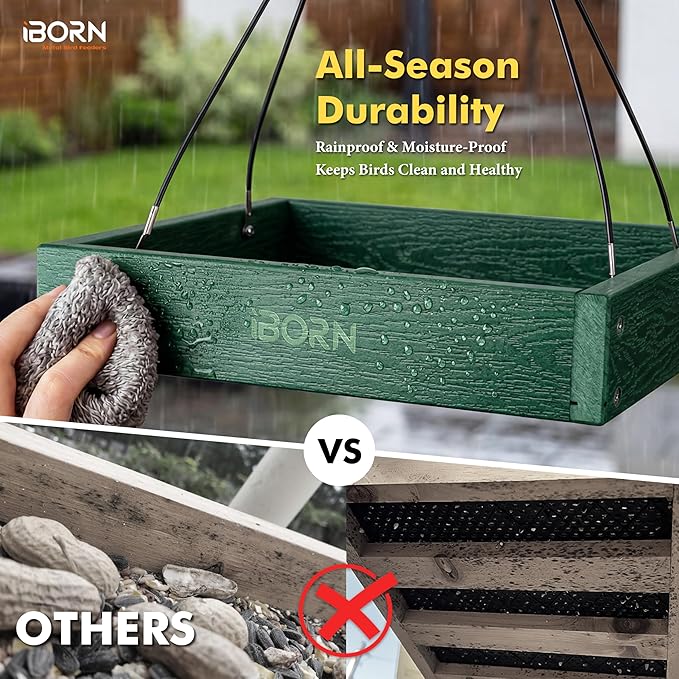 iBorn Platform Bird Feeder Tray Bird Feeders for Outdoors Hanging for Outside Flat Birdfeeder Tray with Large Capacity 3LBS, WPC Recycled Plastic & Cedar Look, Waterproof, 10.6"x10.6", Green