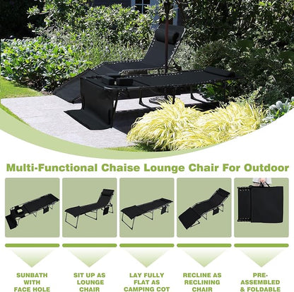 MUPATER Patio Chaise Lounge Chair for Outdoor with Face Hole, 4-Fold Ajustbale Backrest, Removable Pillow and Detachable Pocket, Portable Sun Lounger Recliner for Beach, Camping and Pool, Black