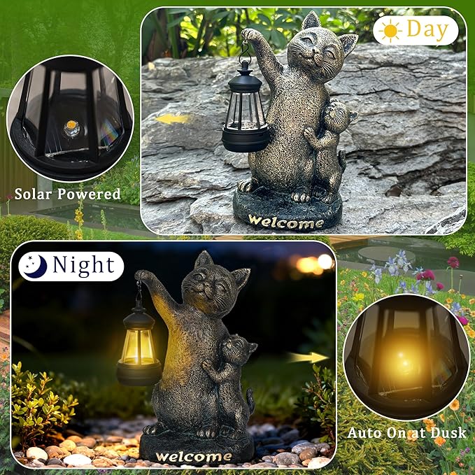 Cat Garden Statue Outdoor Decor - Solar Cat Garden Statue,Cats Figurine Ornaments,Waterproof Outdoor Sculptures for Yard Lawn Backyard Patio Balcony Home Decorations,Unique Cats Gifts for Women