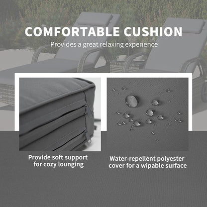 Outsunny Wicker Outdoor Chaise Lounge Chair Set of 3 with Side Table, 5-Level Adjustable Backrest PE Rattan Pool Lounge Chair with Wheels, Cushion & Headrest, Gray