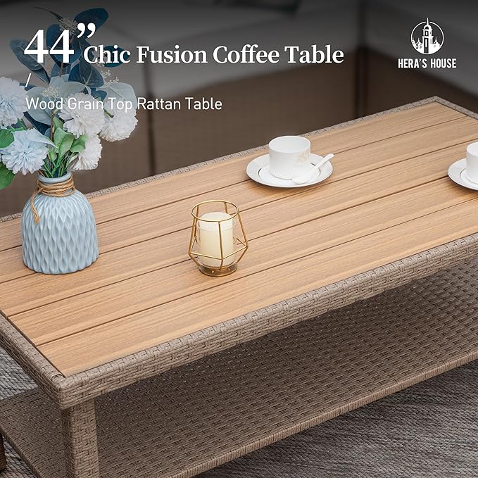HERA'S HOUSE 4 Pieces Patio Furniture Set, All Weather 5 Seats Outdoor Wicker Sofa with 44" Coffee Table, 5.5" Thick Waterproof Cushion Conversation Couch Set for Garden Deck Backyard, Grey