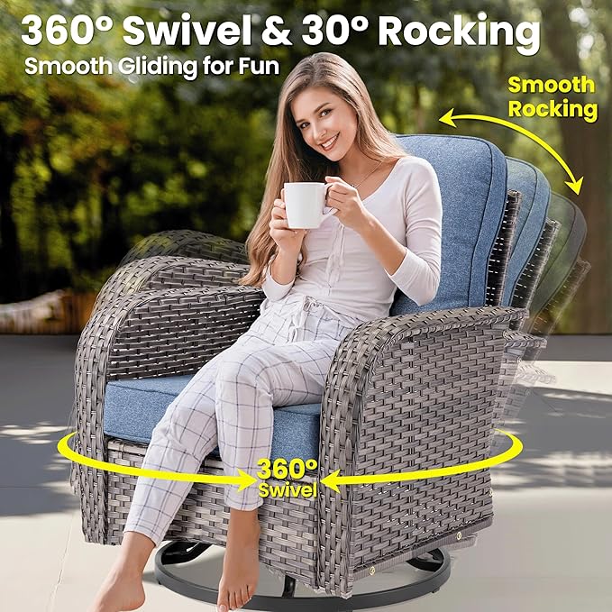 ovios 9 Pieces Patio Furniture Set, Outdoor Wicker Sofa Couch with Rocking Swivel Chairs Solar Lights Table, Modern Deep Seat Rattan Conversation Sets for Porch Deck, Denim Blue