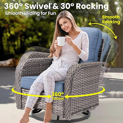 ovios 9 Pieces Patio Furniture Set, Outdoor Wicker Sofa Couch with Rocking Swivel Chairs Solar Lights Table, Modern Deep Seat Rattan Conversation Sets for Porch Deck, Denim Blue