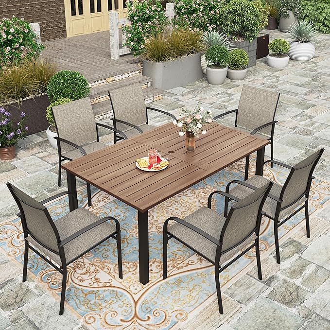 HERA'S HOUSE Patio Table and Chairs Set 7 Pieces, Wood-Like Outdoor Metal Dining Furniture Sets for Backyard Lawn Deck