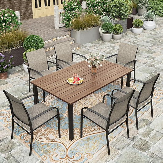 HERA'S HOUSE Patio Table and Chairs Set 7 Pieces, Wood-Like Outdoor Metal Dining Furniture Sets for Backyard Lawn Deck