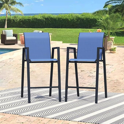 Outdoor Bar Stools Set of 2, 44'' Patio Bar Chairs with Textile High Back, Bar Height Chairs with Straight Armrest and Footrest, Blue